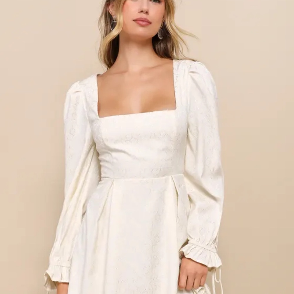 Elegant Adoration Cream Floral Jacquard Long Sleeve Mini Dress